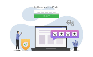 Concept of verification identity by password and security code. Authentication code for secure system vector illustration