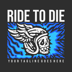 t shirt design ride to die with skull wearing winged helmet with gray background vintage illustration