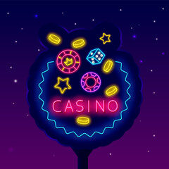 Casino neon label. Shiny street billboard. Falling chips and dice. Gambling concept. Vector stock illustration