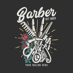 t shirt design barber get faded with skull hand holding a scissor and comb with gray background vintage illustration