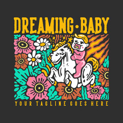t shirt design dreaming baby with baby boy riding a horse with gray background vintage illustration