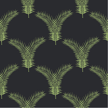 Seamless pattern with green palm tropical leaves curved in the form of arches on a dark background.