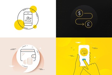 Minimal set of Heart, Smartphone statistics and Money transfer line icons. Phone screen, Quote banners. Wallet icons. For web development. Social media, Mobile business, Currency exchange. Vector