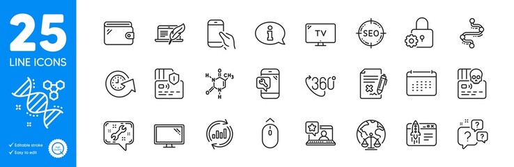 Outline icons set. Chemistry dna, Wallet and Timeline icons. Reject file, 360 degree, Monitor web elements. Spanner, Cyber attack, Update time signs. Lock, Magistrates court, Question bubbles. Vector