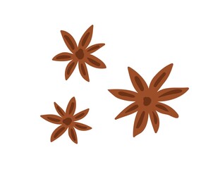 Star anise spices. Aromatic Indian seasoning, condiment. Dry badian, brown flavored ingredient. Flat vector illustration isolated on white background
