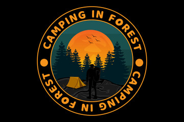 Camping in Forest Retro Vintage Design Landscape
