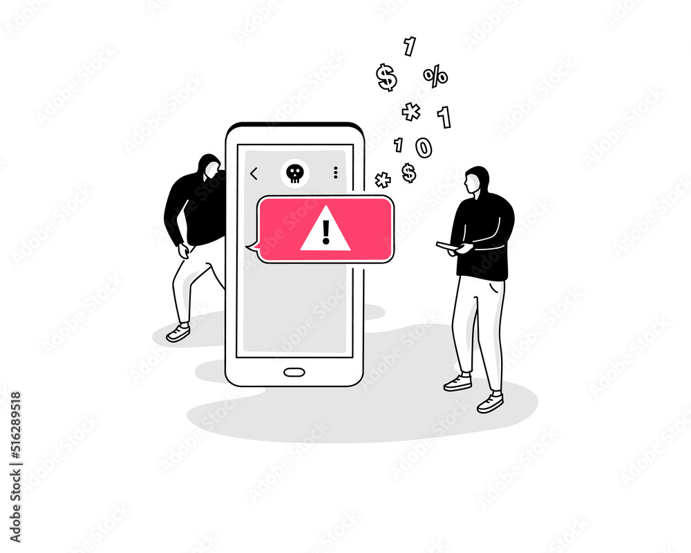 Poster illustration of sms threat symbol with two hackers and an incoming sms message. easy to use for your