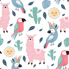 Seamless pattern with colorful parrots, alpacas and cacti. Cute baby style.