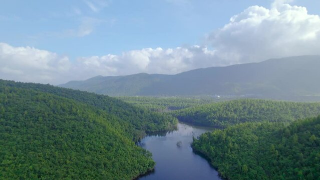 Aerial landscape with green hills, river and forest