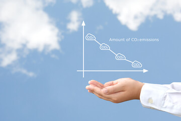 二酸化炭素削減のグラフを掲げる子供の手