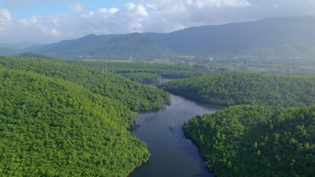 Aerial landscape with green hills, river and forest