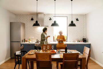 Mature two women talking and drinking tea while having lunch