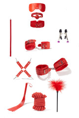 Detailed shot of a red set of erotic accessories. The handcuffs, shackles, a gag, a mask, a rope, a...