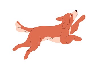 Cute happy dog running, rejoicing. Funny carefree puppy jumping. Doggy, canine animal. Adorable friendly bicolor pup in motion. Flat vector illustration isolated on white background