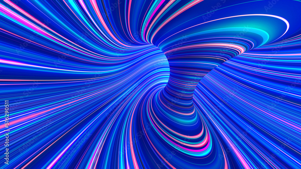 Poster Information funnel, big data flow. Strings of light in a neon whirlpool. 3D illustration of speed rays in cyberspace
