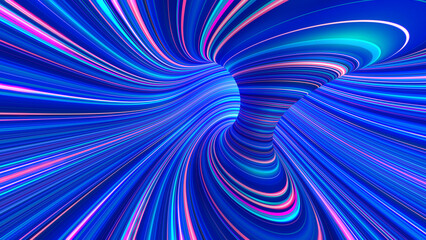 Information funnel, big data flow. Strings of light in a neon whirlpool. 3D illustration of speed rays in cyberspace