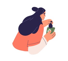 Person throwing trash bag into green-colored container for organic rubbish, food scraps, wastes. Eco-friendly woman and garbage dumpster. Flat vector illustration isolated on white background