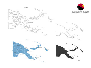 4 style of Papua New Guinea map vector illustration have all province and mark the capital city of Papua Ne. By thin black outline simplicity style and dark shadow style. Isolated on white background.