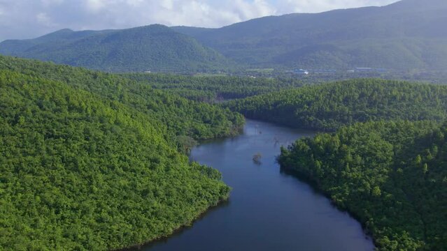 Aerial landscape with green hills, river and forest
