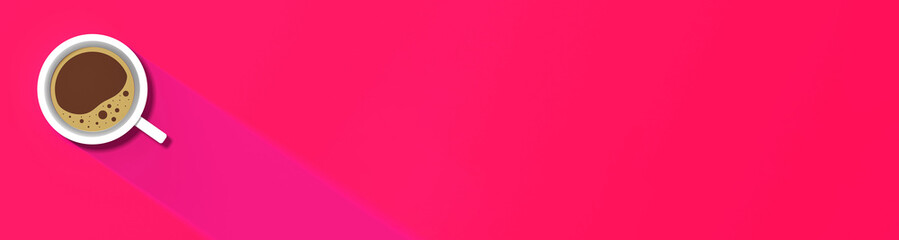 a white cup of coffee on red background. long shadow from cup. invigorating drink. horizontal image. Banner for insertion into site. Place for text cope space. 3D image. 3D rendering.