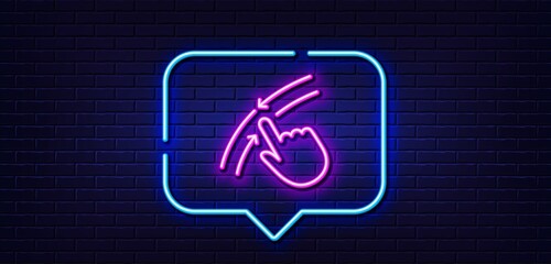 Neon light speech bubble. Swipe up down line icon. Move finger sign. Touch technology symbol. Neon light background. Swipe up glow line. Brick wall banner. Vector