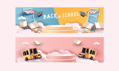 back to school colorful podium with school bus yellow and book elearning vector illustation 