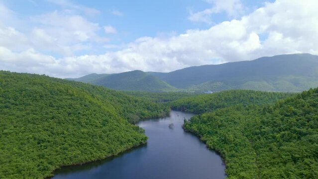 Aerial landscape with green hills, river and forest, Jharkhand tourism, India