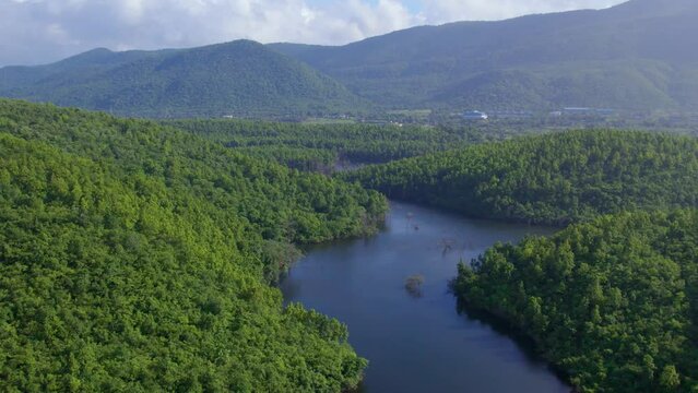 Aerial landscape with green hills, river and forest