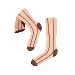 Pair of long socks with stripes pattern. Cotton feet clothes. Cozy wool foot wear, garment. Two high-ankle sox. Colored flat vector illustration isolated on white background