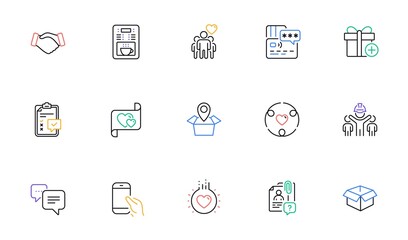 Coffee maker, Add gift and Checklist line icons for website, printing. Collection of Card, Engineering team, Search employee icons. Opened box, Friendship, Dots message web elements. Vector