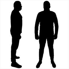 A young guy in full growth, without movement. A man in a tracksuit, and sports shoes. Two silhouettes of the same person. Side view, profile. Front view. Two black male silhouettes isolated on white