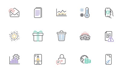 Gift box, Smartphone broken and Crane claw machine line icons for website, printing. Collection of Copy files, Trash bin, Budget icons. Trade infochart, Receive mail. Vector