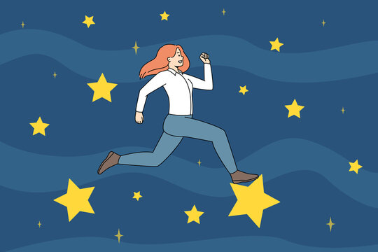 Motivated businesswoman running on stars strive for new career achievements. Happy confident woman employee jump to goal and target. Vector illustration. 