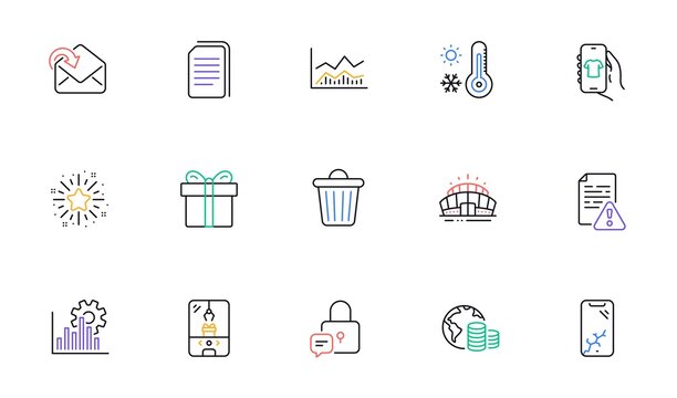 Gift box, Smartphone broken and Crane claw machine line icons for website, printing. Collection of Copy files, Trash bin, Budget icons. Trade infochart, Receive mail. Vector