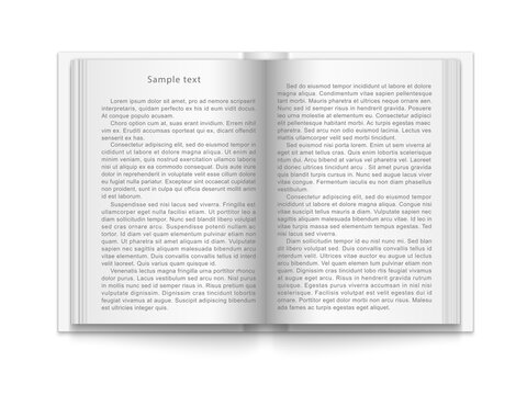 Mock up of book. Blank open book with text