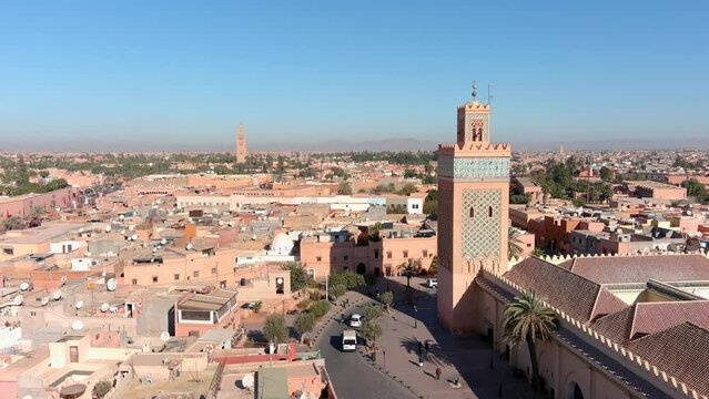 Aerial view over Marrakech City and mosque, Morocco, 2022
Drone view from Marrakech city rooftops, 2022
