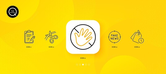 Vaccine report, Scissors and Fake news minimal line icons. Yellow abstract background. Time management, Do not touch icons. For web, application, printing. Vector