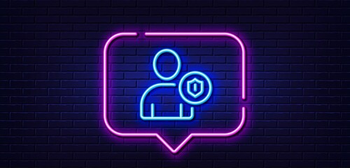 Neon light speech bubble. User Protection line icon. Profile Avatar with shield sign. Person silhouette symbol. Neon light background. Security glow line. Brick wall banner. Vector