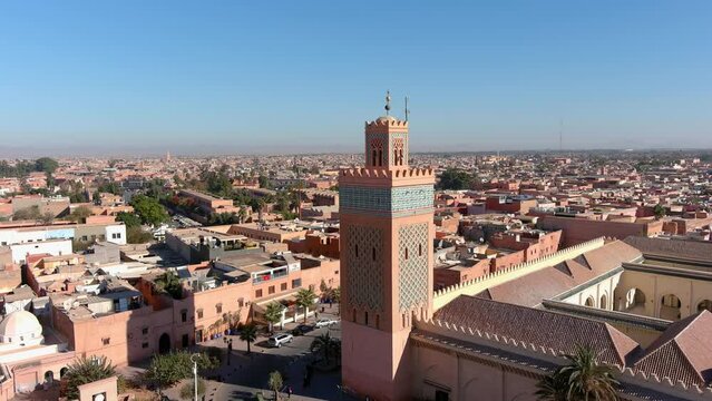 Marrakech City and mosque koutoubia, aerial, 2022, Morocco
Drone view from Marrakech city rooftops, 2022

