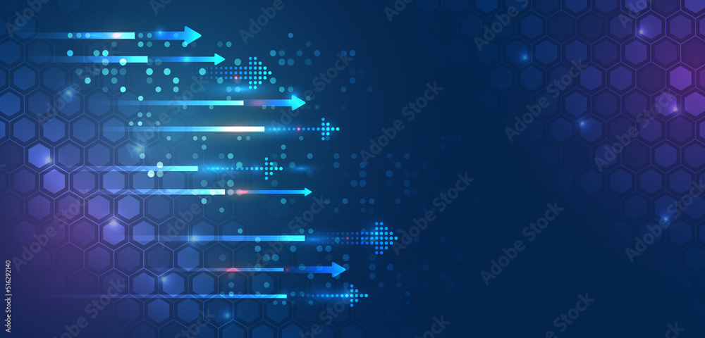 Poster Hi-tech computer digital technology concept. Abstract hexagons and arrows. Technology communication vector illustration. Blue background with various technological elements.