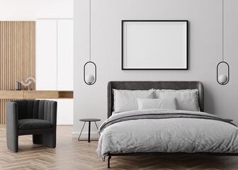 Empty picture frame on white wall in modern bedroom. Mock up interior in contemporary style. Free, copy space for your picture, poster. Bed, lamps. 3D rendering.