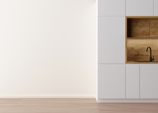 Room with parquet floor, white wall and empty space. Kitchen furniture. Mock up interior. Free, copy space for your furniture, picture, decoration and other objects. 3D rendering.