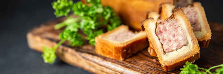 meat pate croute dough pork or beef, chicken french food fresh meal food snack on the table copy space food background rustic 