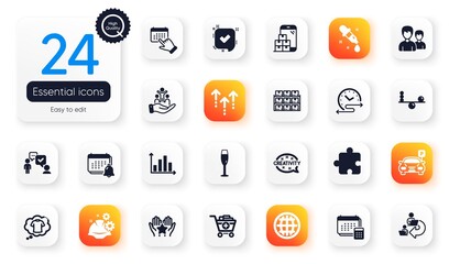 Set of Business flat icons. Boxes shelf, Couple and Parking elements for web application. Event click, Champagne glass, Chemistry pipette icons. Consulting business, Confirmed. Vector