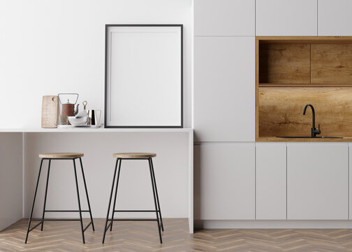 Empty vertical picture frame standing in modern kitchen. Mock up interior in contemporary style. Free, copy space for your picture, poster. Kitchen, bar chairs, parquet floor. 3D rendering.