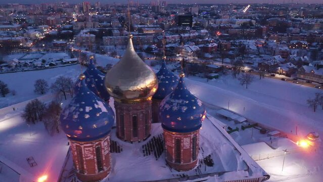 Winter aerial view of architectural ensemble of ancient Kremlin in Ryazan in the evening, Ryazan Oblast, Russia