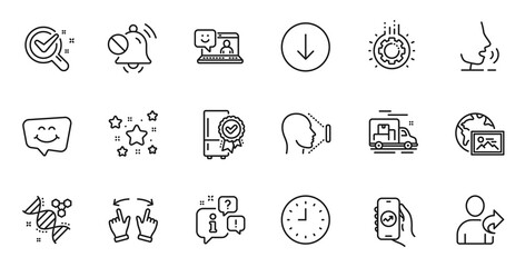 Outline set of Stars, Move gesture and Gear line icons for web application. Talk, information, delivery truck outline icon. Include Certified refrigerator, Refer friend, Chemistry dna icons. Vector