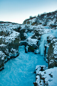 Frozen Barnafoss Waterfall, Iceland
