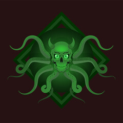 Vector scary green mutant, big-eyed skull with horns and long writhing tentacles. Evil terrible monster. Sticker or logo. Sea freak kraken