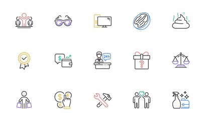 Wallet, Reception desk and Friends couple line icons for website, printing. Collection of Spanner tool, Money currency, Justice scales icons. Secret gift, Sunglasses, Computer web elements. Vector